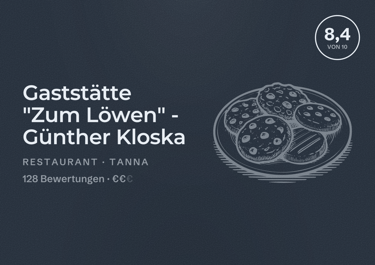 Illustriertes Poster von Gaststätte "Zum Löwen" - Günther Kloska, Restaurant in Tanna: Bewertung 8,4 von 10 aus 128 Bewertungen, Preisniveau €€