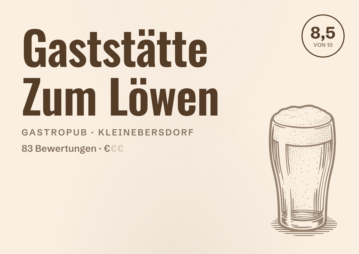 Illustriertes Poster von Gaststätte Zum Löwen, Gastropub in Kleinebersdorf: Bewertung 8,5 von 10 aus 83 Bewertungen, Preisniveau €