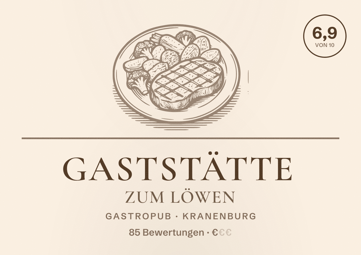 Illustriertes Poster von Gaststätte Zum Löwen, Gastropub in Kranenburg: Bewertung 6,9 von 10 aus 85 Bewertungen, Preisniveau €