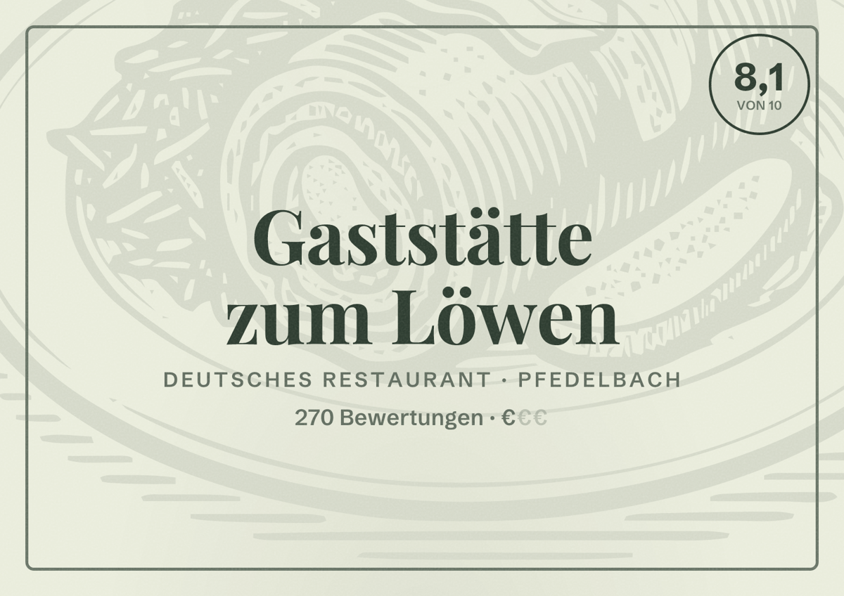 Illustriertes Poster von Gaststätte zum Löwen, Deutsches Restaurant in Pfedelbach: Bewertung 8,1 von 10 aus 270 Bewertungen, Preisniveau €