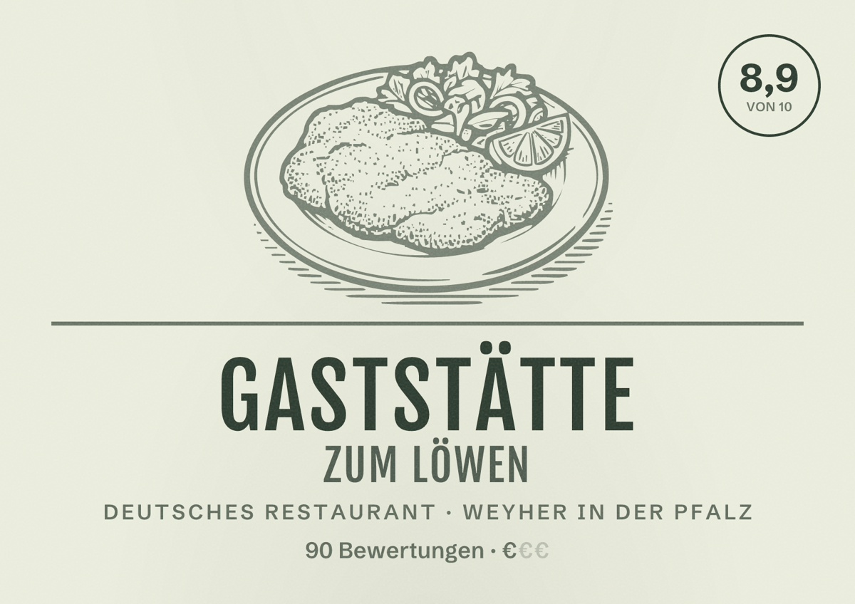 Illustriertes Poster von Gaststätte Zum Löwen, Deutsches Restaurant in Weyher in der Pfalz: Bewertung 8,9 von 10 aus 90 Bewertungen, Preisniveau €