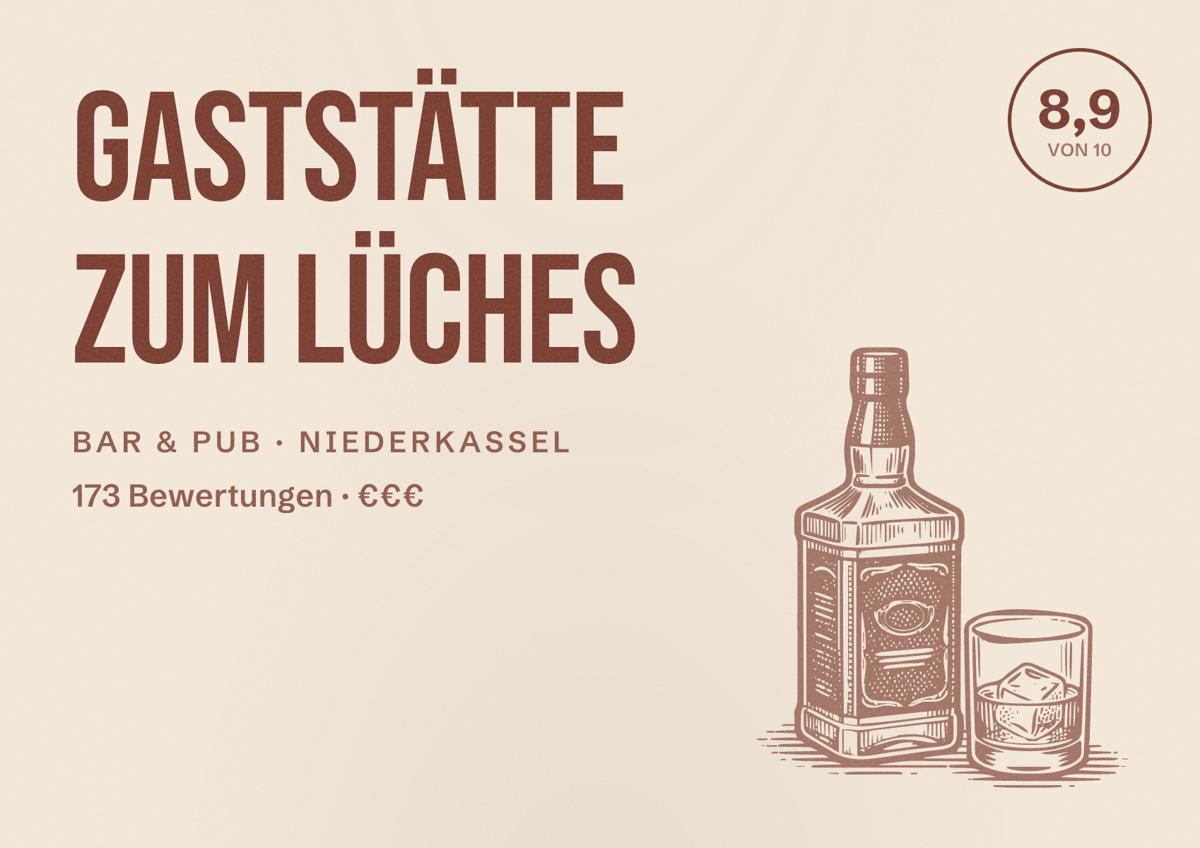Illustriertes Poster von Gaststätte Zum Lüches, Bar & Pub in Niederkassel: Bewertung 8,9 von 10 aus 173 Bewertungen, Preisniveau €€€