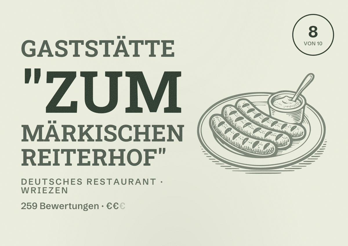 Illustriertes Poster von Gaststätte "Zum Märkischen Reiterhof", Deutsches Restaurant in Wriezen: Bewertung 8 von 10 aus 259 Bewertungen, Preisniveau €€