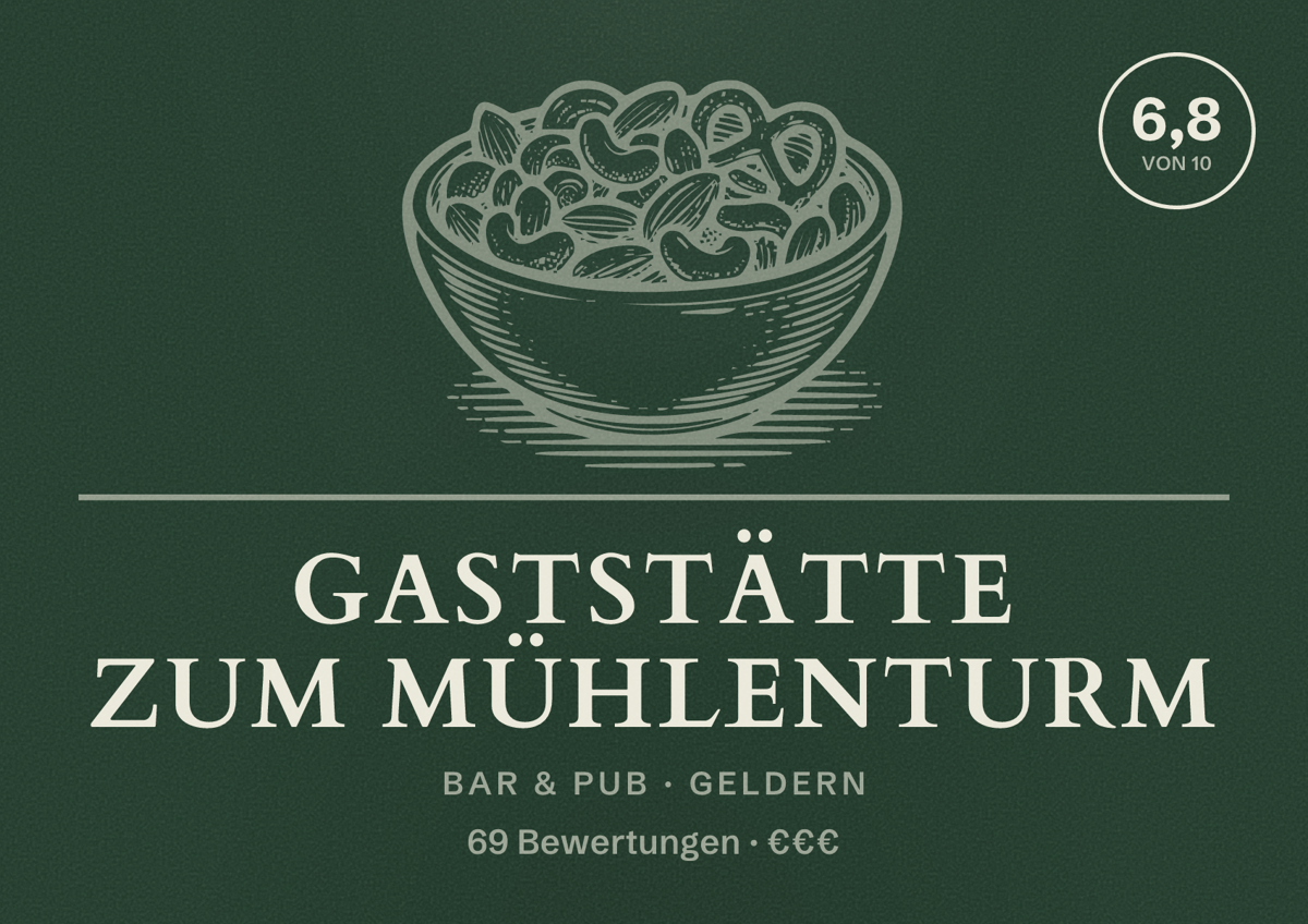 Illustriertes Poster von Gaststätte zum Mühlenturm, Bar & Pub in Geldern: Bewertung 6,8 von 10 aus 69 Bewertungen, Preisniveau €€€