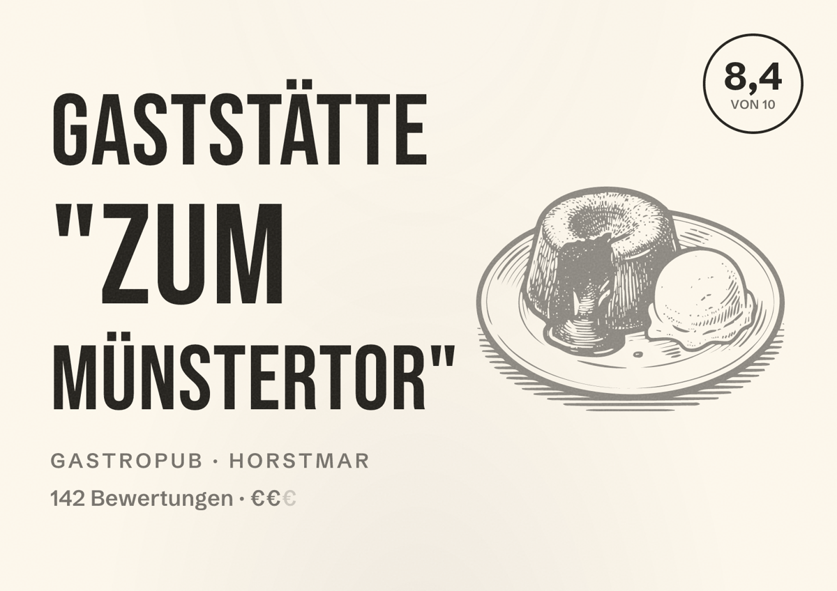 Illustriertes Poster von Gaststätte "Zum Münstertor", Gastropub in Horstmar: Bewertung 8,4 von 10 aus 142 Bewertungen, Preisniveau €€