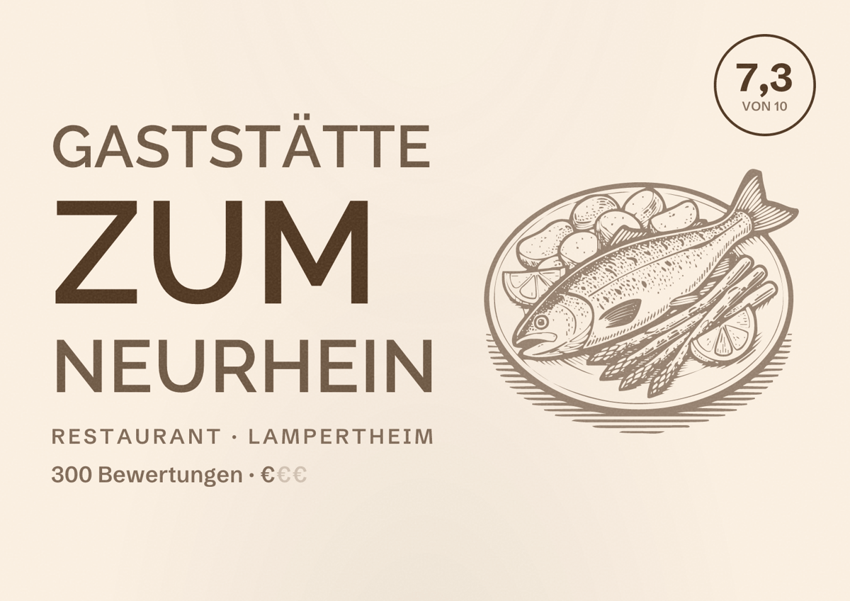 Illustriertes Poster von Gaststätte Zum Neurhein, Restaurant in Lampertheim: Bewertung 7,3 von 10 aus 300 Bewertungen, Preisniveau €