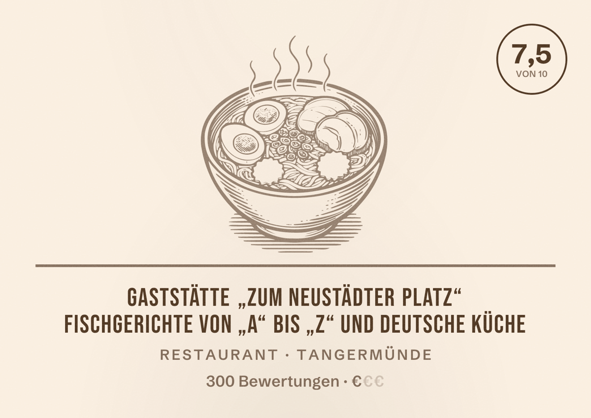 Illustriertes Poster von Gaststätte „Zum Neustädter Platz“ Fischgerichte von „A“ bis „Z“ und Deutsche Küche, Restaurant in Tangermünde: Bewertung 7,5 von 10 aus 300 Bewertungen, Preisniveau €