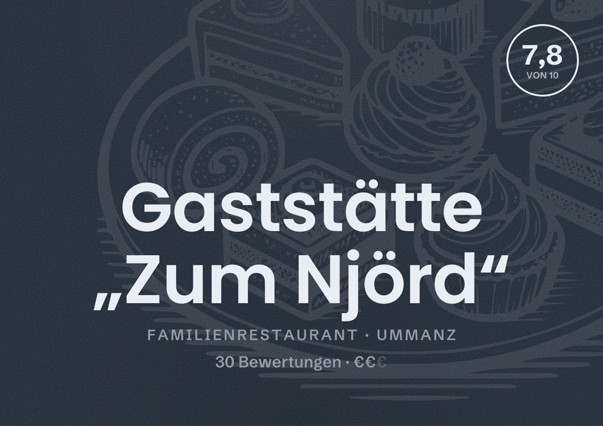 Illustriertes Poster von Gaststätte „Zum Njörd“, Familienrestaurant in Ummanz: Bewertung 7,8 von 10 aus 30 Bewertungen, Preisniveau €€
