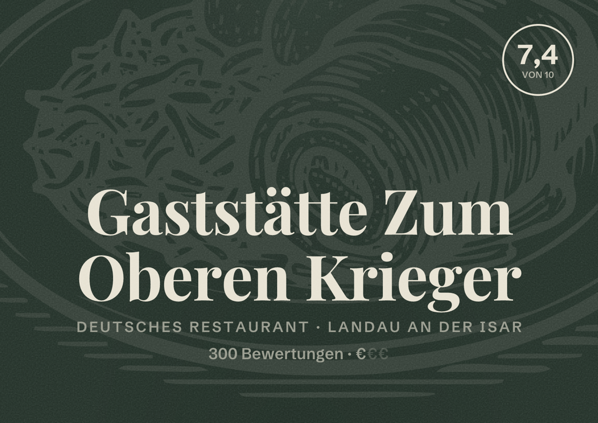 Illustriertes Poster von Gaststätte Zum Oberen Krieger, Deutsches Restaurant in Landau an der Isar: Bewertung 7,4 von 10 aus 300 Bewertungen, Preisniveau €