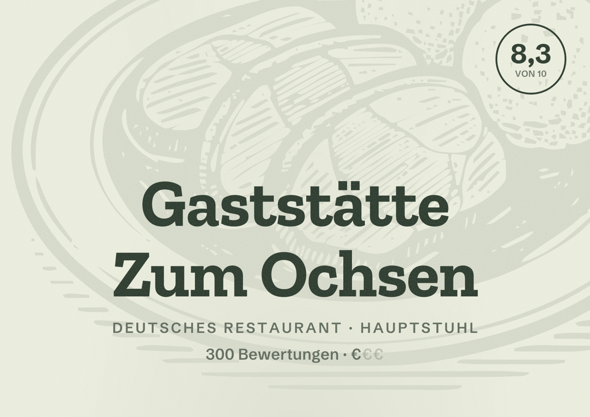 Illustriertes Poster von Gaststätte Zum Ochsen, Deutsches Restaurant in Hauptstuhl: Bewertung 8,3 von 10 aus 300 Bewertungen, Preisniveau €