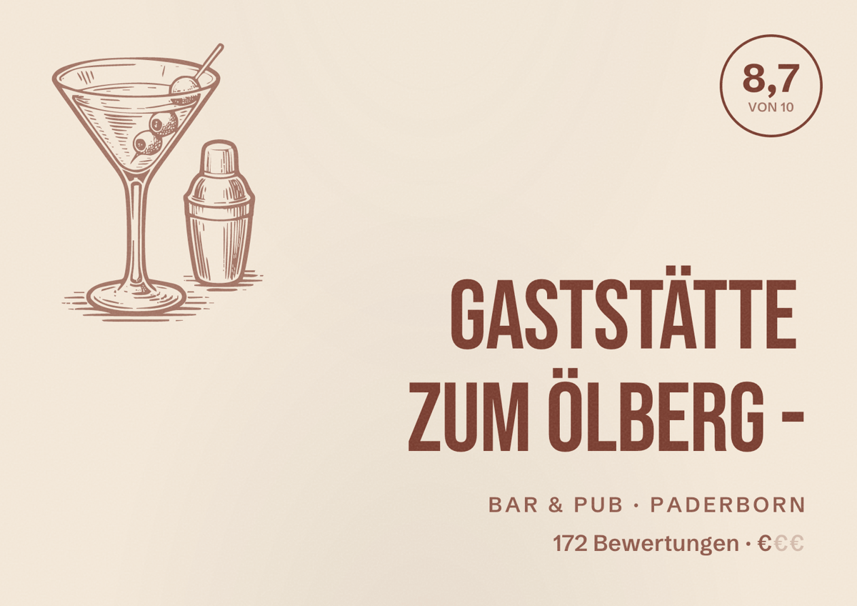 Illustriertes Poster von Gaststätte Zum Ölberg -, Bar & Pub in Paderborn: Bewertung 8,7 von 10 aus 172 Bewertungen, Preisniveau €