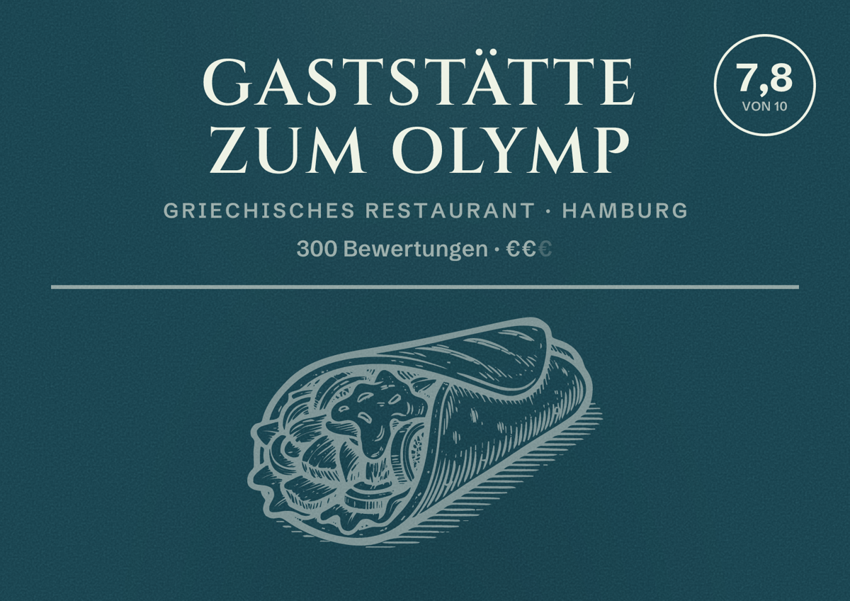 Illustriertes Poster von Gaststätte Zum Olymp, Griechisches Restaurant in Hamburg: Bewertung 7,8 von 10 aus 300 Bewertungen, Preisniveau €€