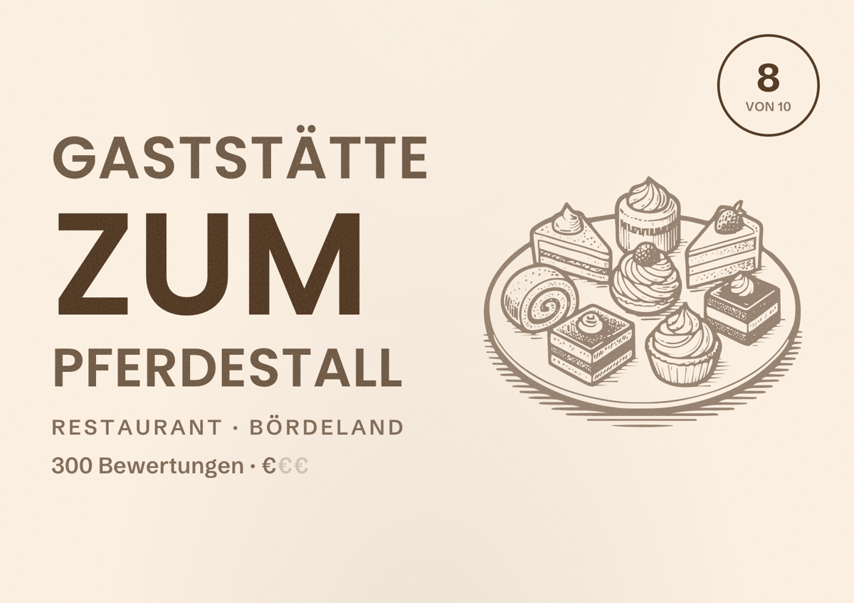 Illustriertes Poster von Gaststätte Zum Pferdestall, Restaurant in Bördeland: Bewertung 8 von 10 aus 300 Bewertungen, Preisniveau €