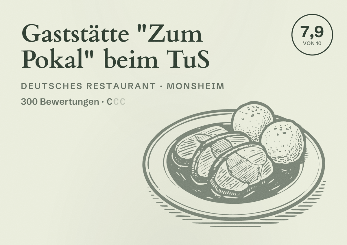 Illustriertes Poster von Gaststätte "Zum Pokal" beim TuS, Deutsches Restaurant in Monsheim: Bewertung 7,9 von 10 aus 300 Bewertungen, Preisniveau €