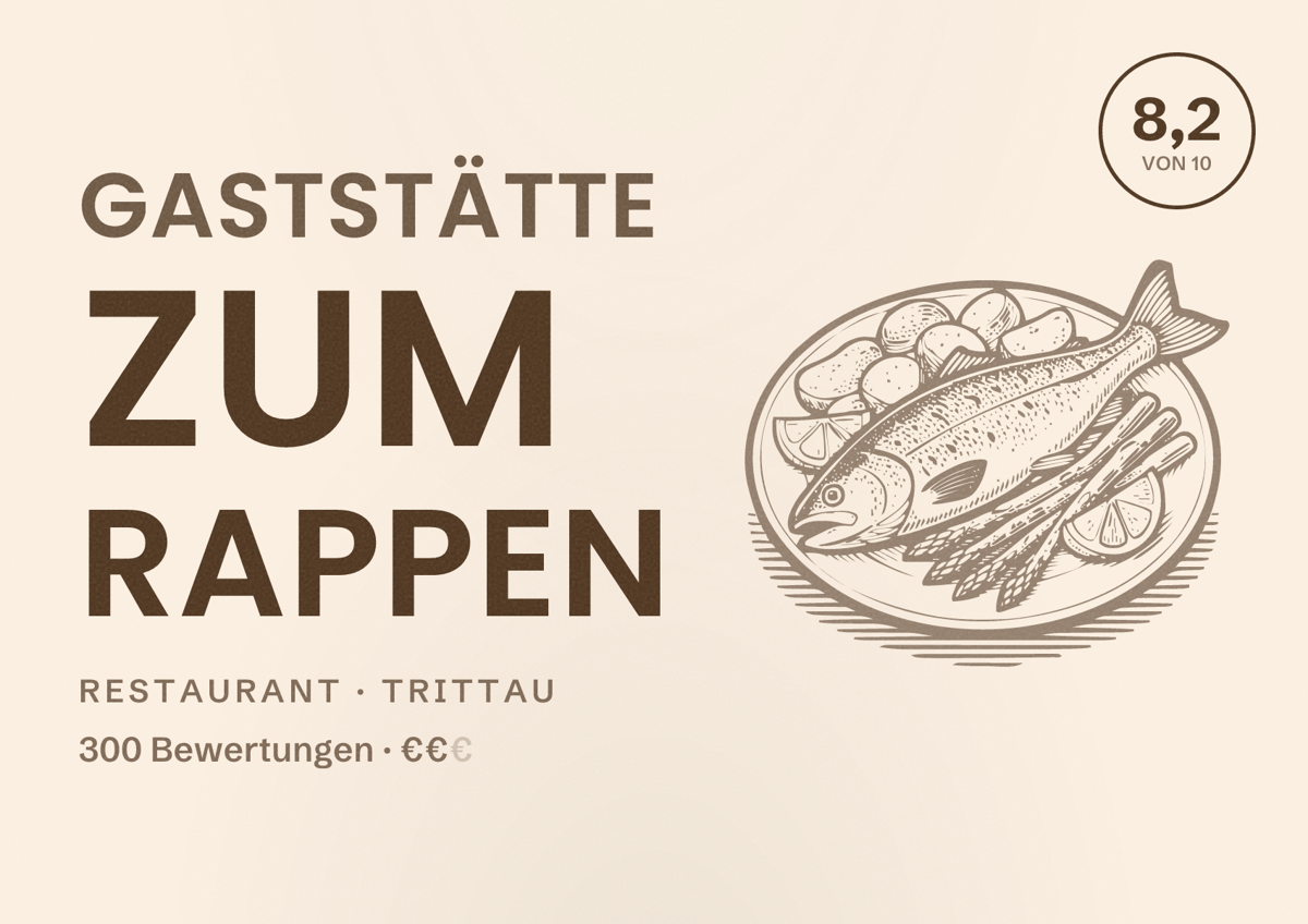 Illustriertes Poster von Gaststätte Zum Rappen, Restaurant in Trittau: Bewertung 8,2 von 10 aus 300 Bewertungen, Preisniveau €€
