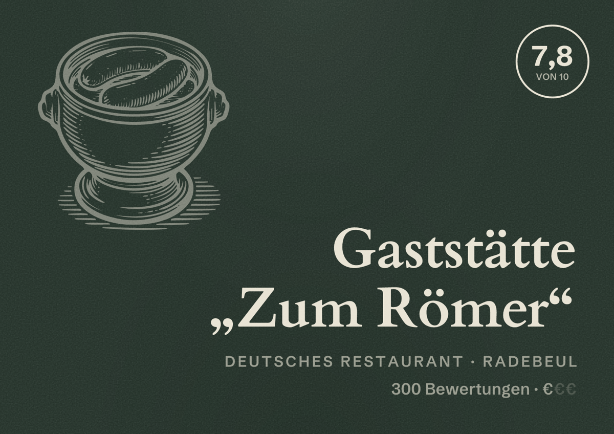 Illustriertes Poster von Gaststätte „Zum Römer“, Deutsches Restaurant in Radebeul: Bewertung 7,8 von 10 aus 300 Bewertungen, Preisniveau €