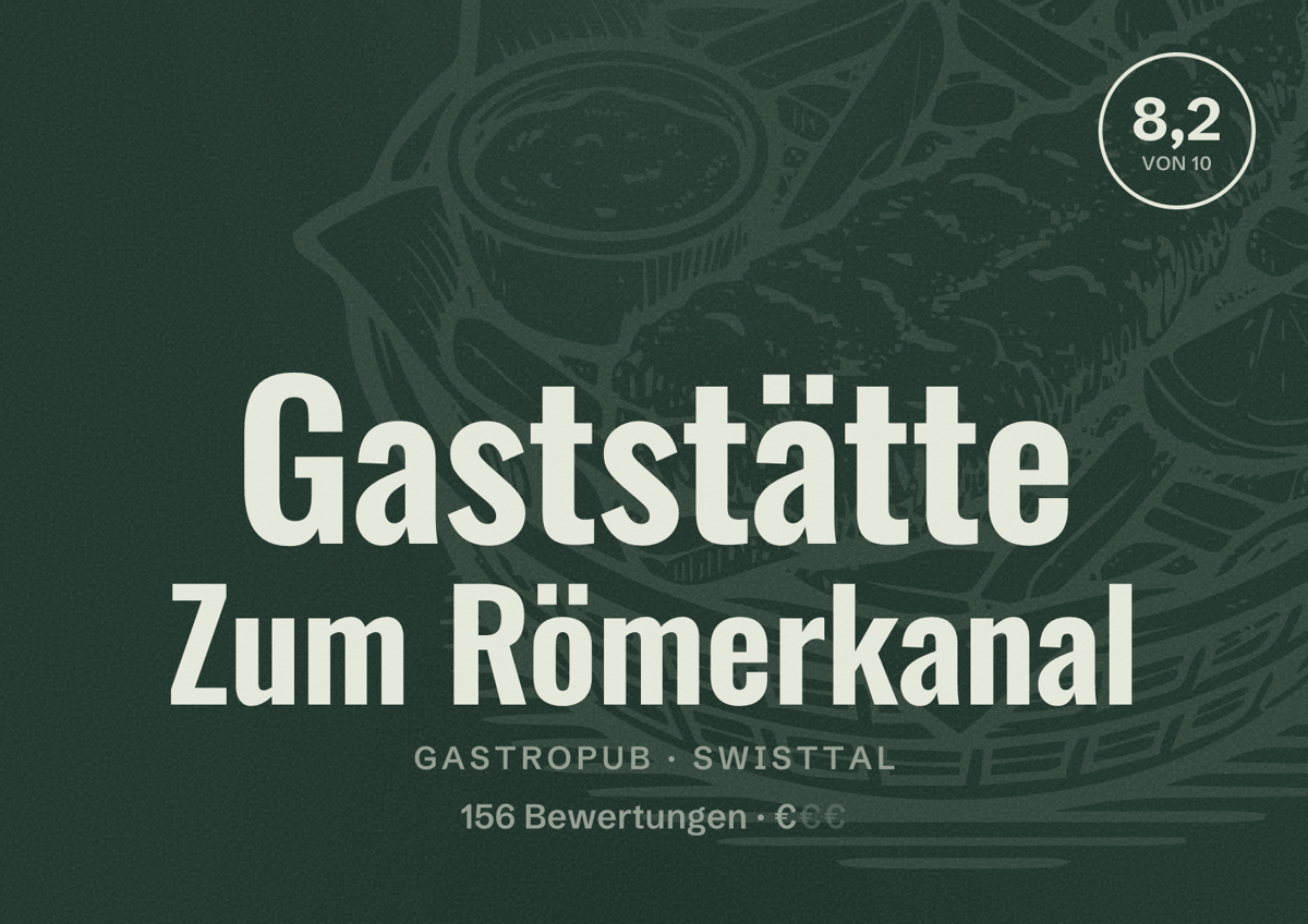 Illustriertes Poster von Gaststätte Zum Römerkanal, Gastropub in Swisttal: Bewertung 8,2 von 10 aus 156 Bewertungen, Preisniveau €