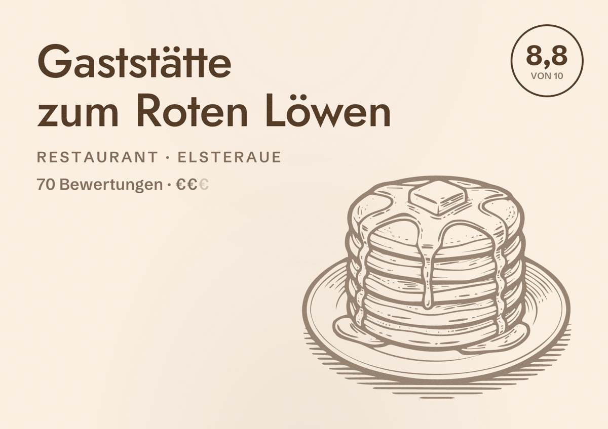 Illustriertes Poster von Gaststätte zum Roten Löwen, Restaurant in Elsteraue: Bewertung 8,8 von 10 aus 70 Bewertungen, Preisniveau €€