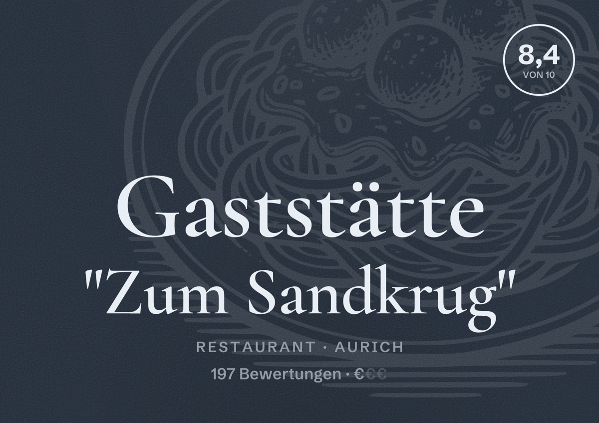 Illustriertes Poster von Gaststätte "Zum Sandkrug", Restaurant in Aurich: Bewertung 8,4 von 10 aus 197 Bewertungen, Preisniveau €