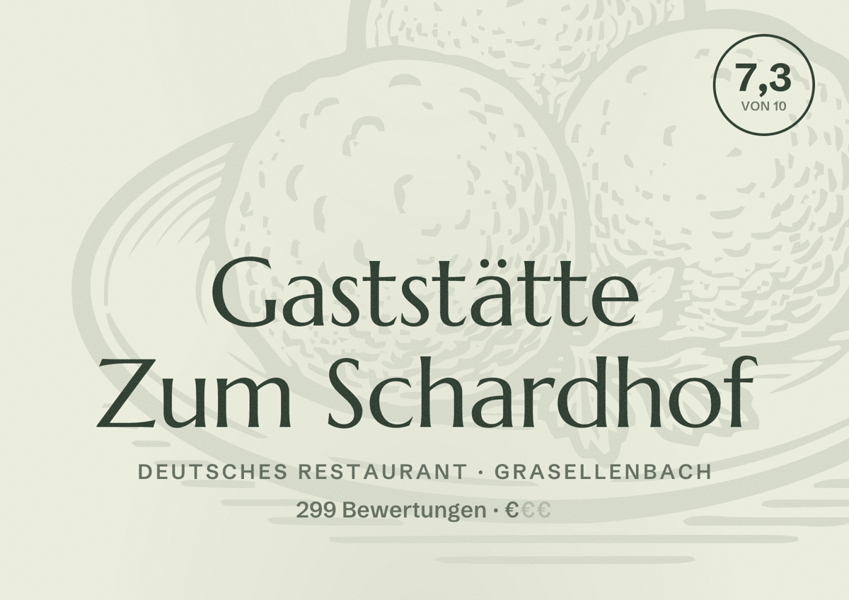 Illustriertes Poster von Gaststätte Zum Schardhof, Deutsches Restaurant in Grasellenbach: Bewertung 7,3 von 10 aus 299 Bewertungen, Preisniveau €