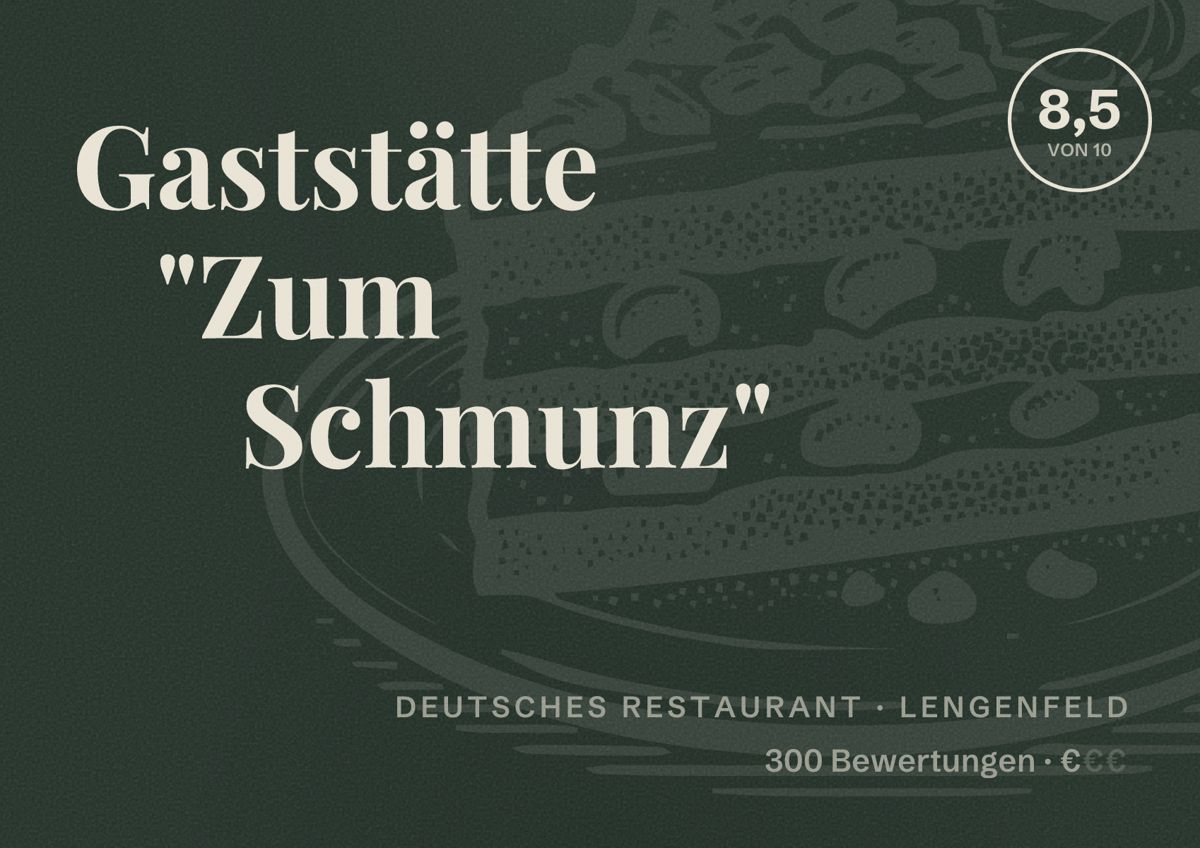 Illustriertes Poster von Gaststätte "Zum Schmunz", Deutsches Restaurant in Lengenfeld: Bewertung 8,5 von 10 aus 300 Bewertungen, Preisniveau €