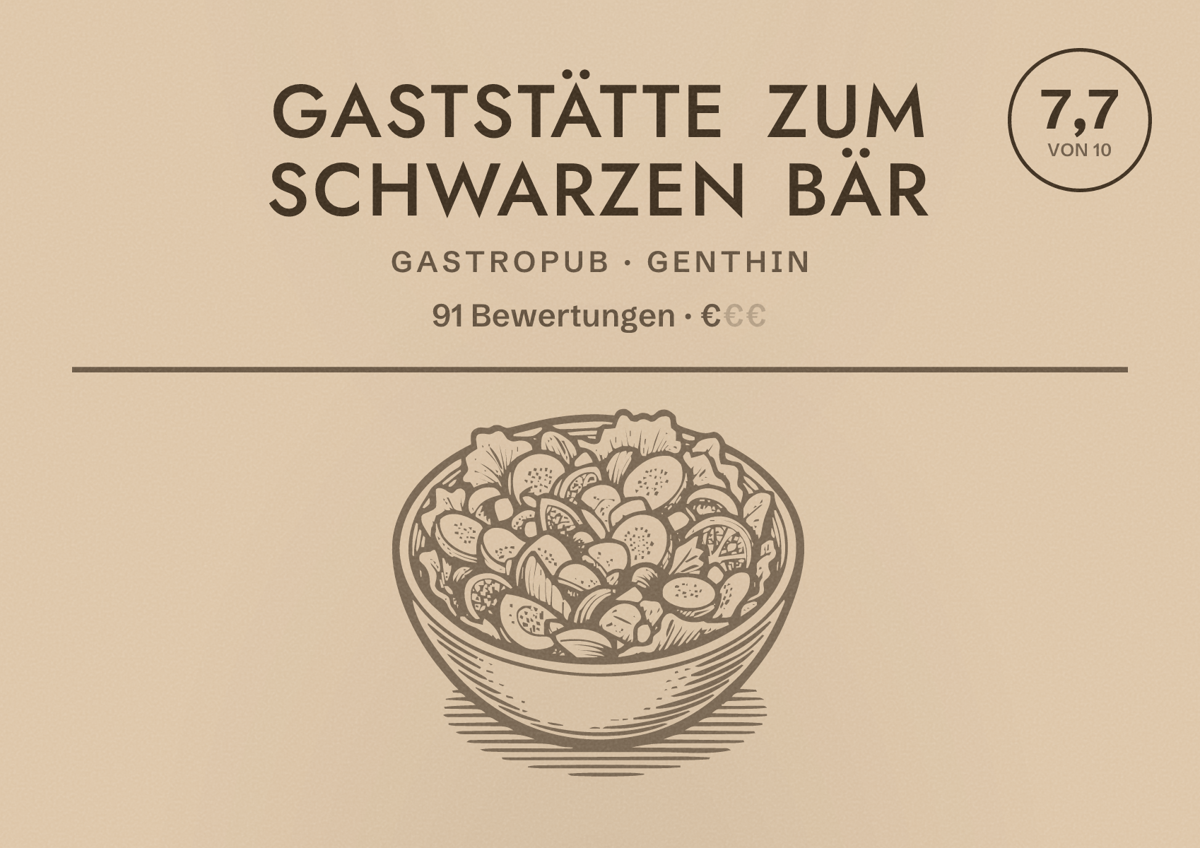 Illustriertes Poster von Gaststätte Zum Schwarzen Bär, Gastropub in Genthin: Bewertung 7,7 von 10 aus 91 Bewertungen, Preisniveau €