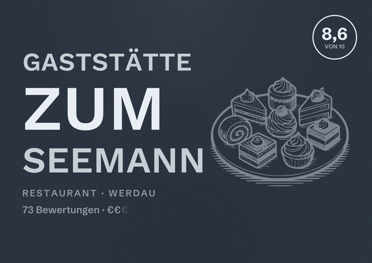 Illustriertes Poster von Gaststätte Zum Seemann, Restaurant in Werdau: Bewertung 8,6 von 10 aus 73 Bewertungen, Preisniveau €€