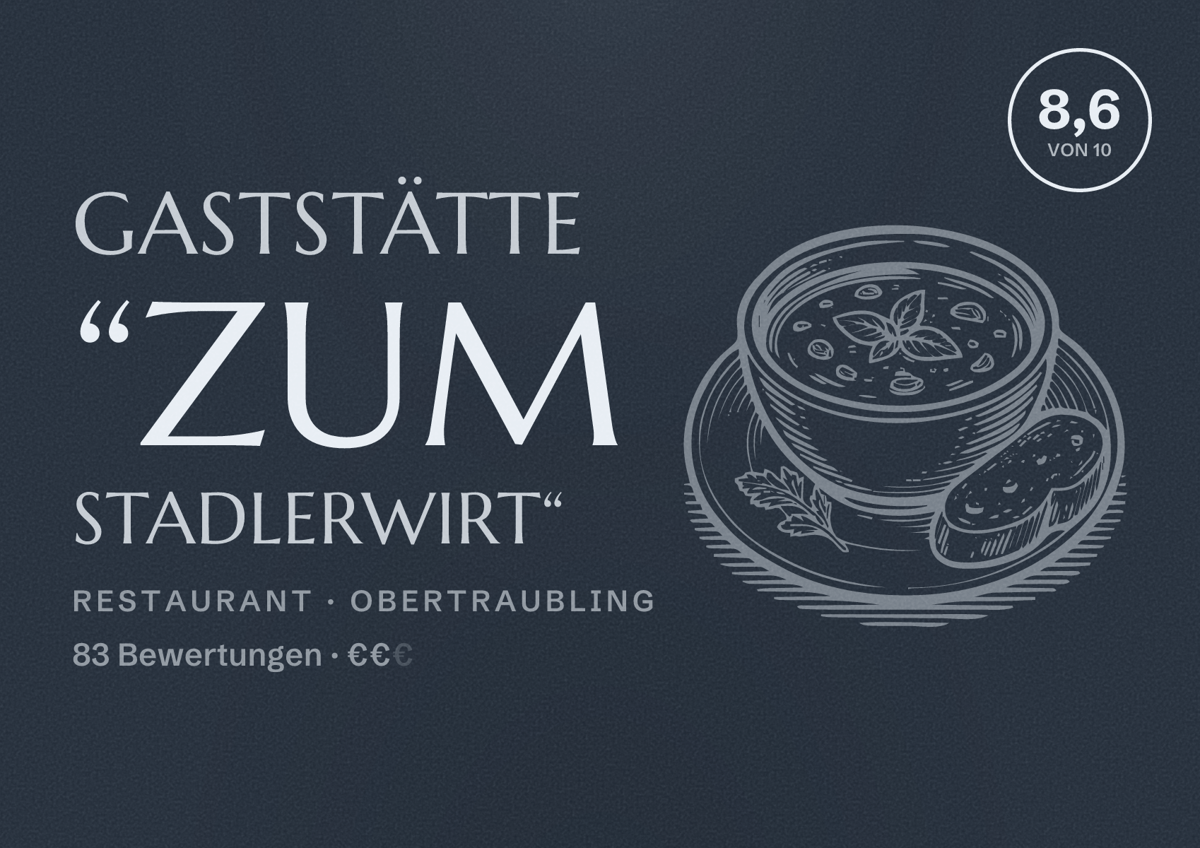 Illustriertes Poster von Gaststätte “Zum Stadlerwirt“, Restaurant in Obertraubling: Bewertung 8,6 von 10 aus 83 Bewertungen, Preisniveau €€