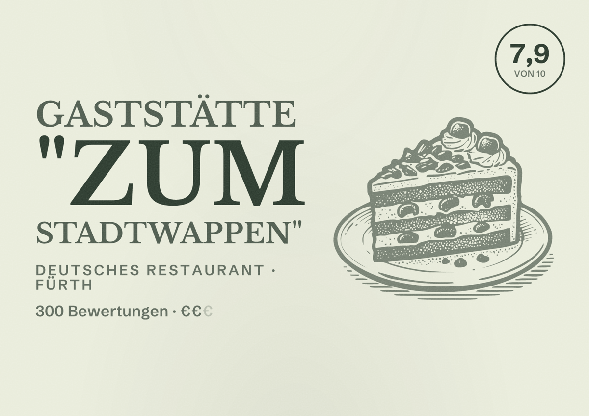 Illustriertes Poster von Gaststätte "Zum Stadtwappen", Deutsches Restaurant in Fürth: Bewertung 7,9 von 10 aus 300 Bewertungen, Preisniveau €€