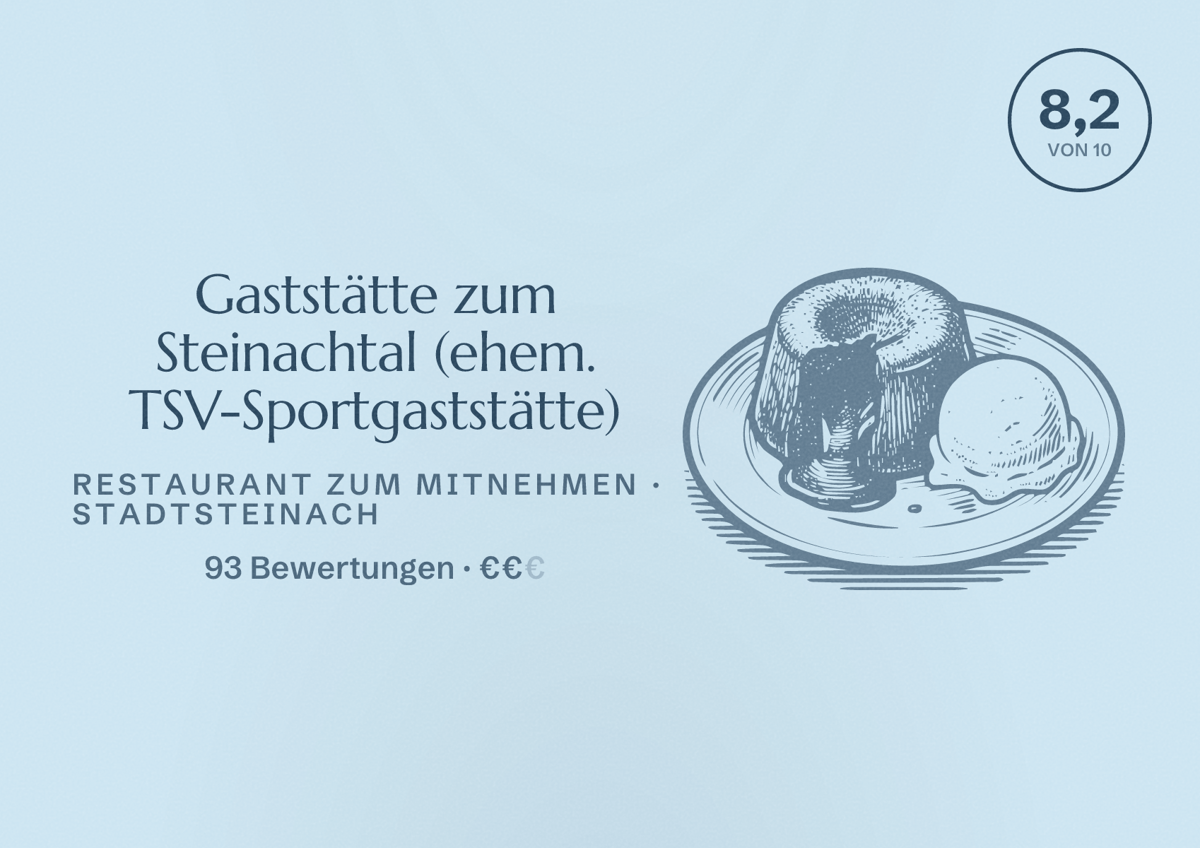Illustriertes Poster von Gaststätte zum Steinachtal (ehem. TSV-Sportgaststätte), Restaurant zum Mitnehmen in Stadtsteinach: Bewertung 8,2 von 10 aus 93 Bewertungen, Preisniveau €€