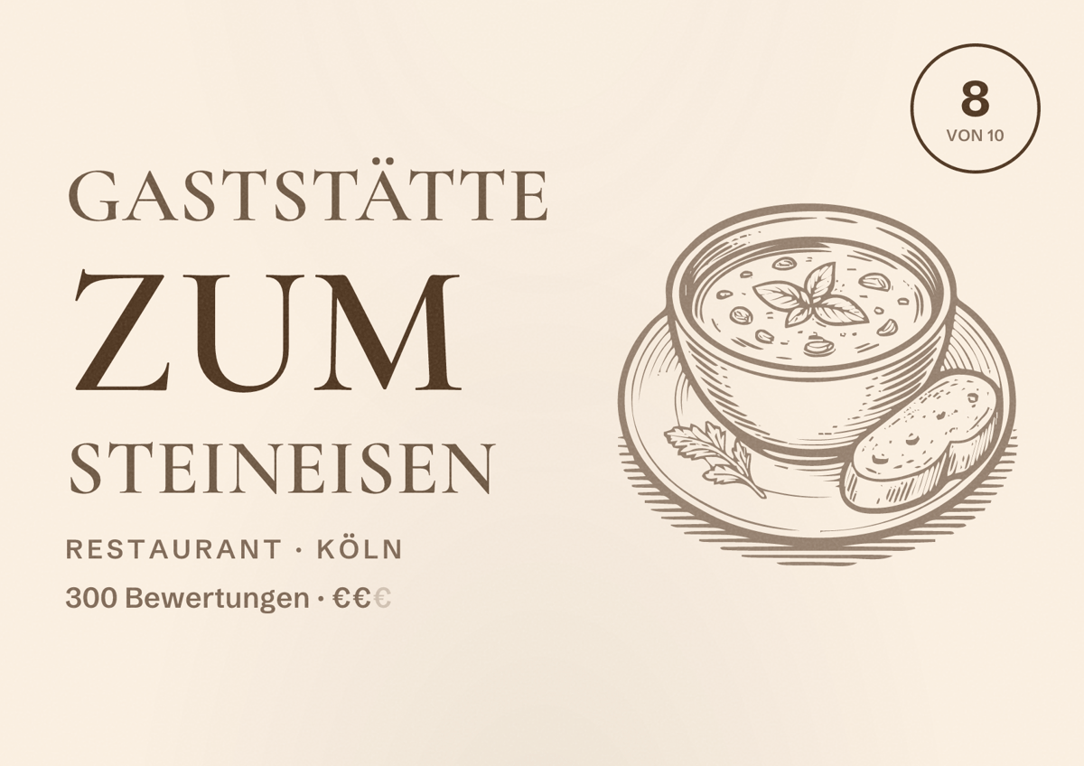 Illustriertes Poster von Gaststätte zum Steineisen, Restaurant in Köln: Bewertung 8,0 von 10 aus 300 Bewertungen, Preisniveau €€