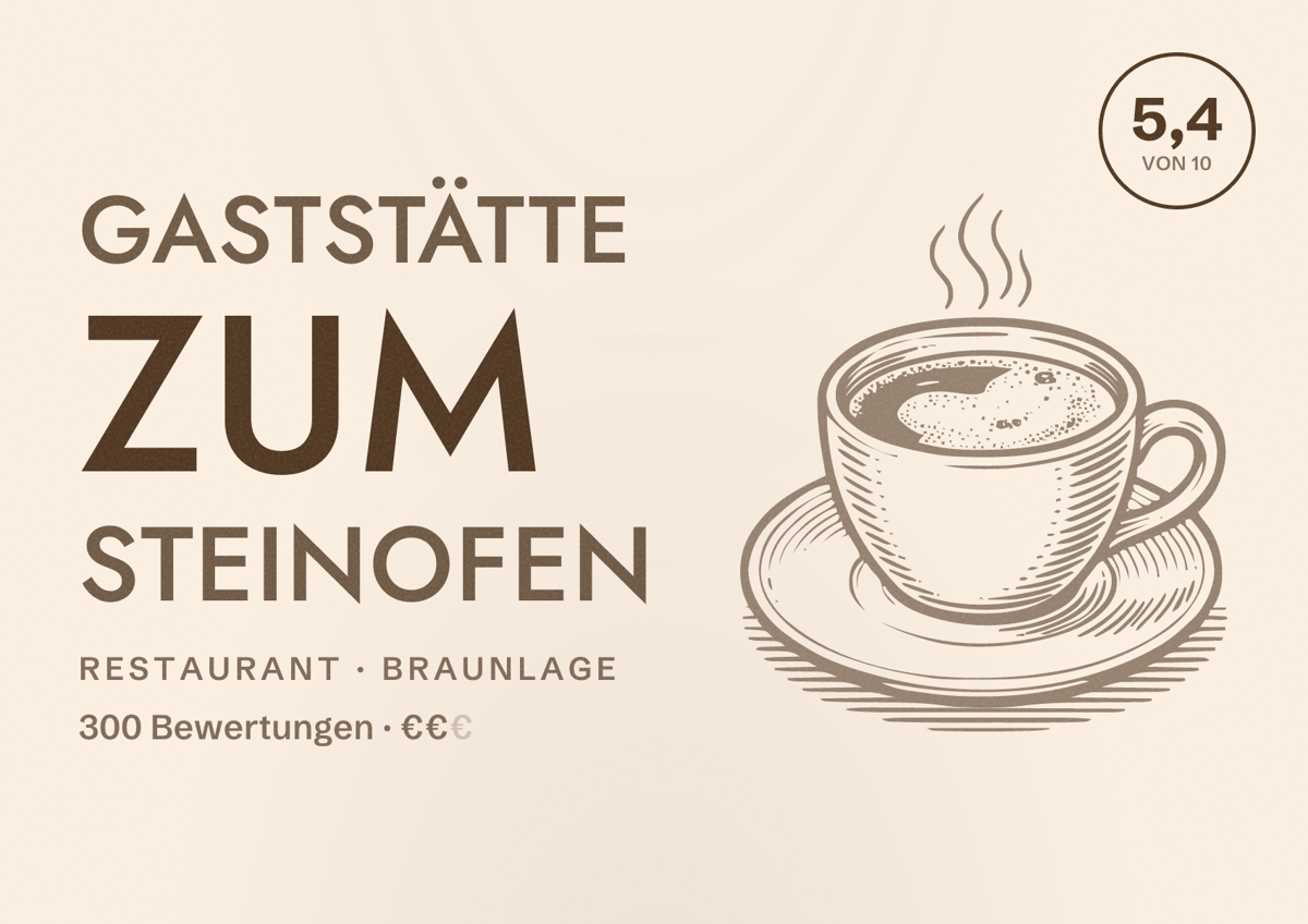 Illustriertes Poster von Gaststätte Zum Steinofen, Restaurant in Braunlage: Bewertung 5,4 von 10 aus 300 Bewertungen, Preisniveau €€