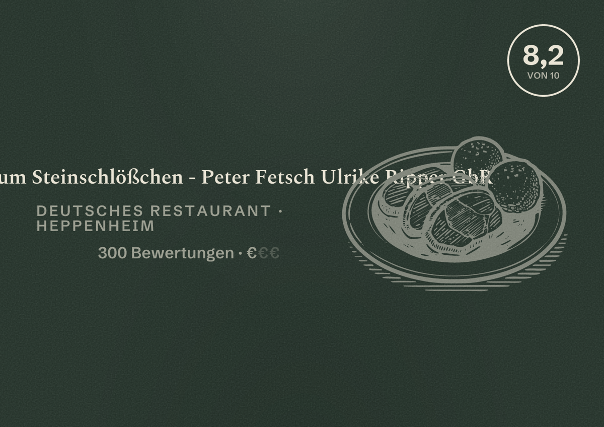 Illustriertes Poster von Gaststätte Zum Steinschlößchen - Peter Fetsch Ulrike Ripper GbR, Deutsches Restaurant in Heppenheim: Bewertung 8,2 von 10 aus 300 Bewertungen, Preisniveau €