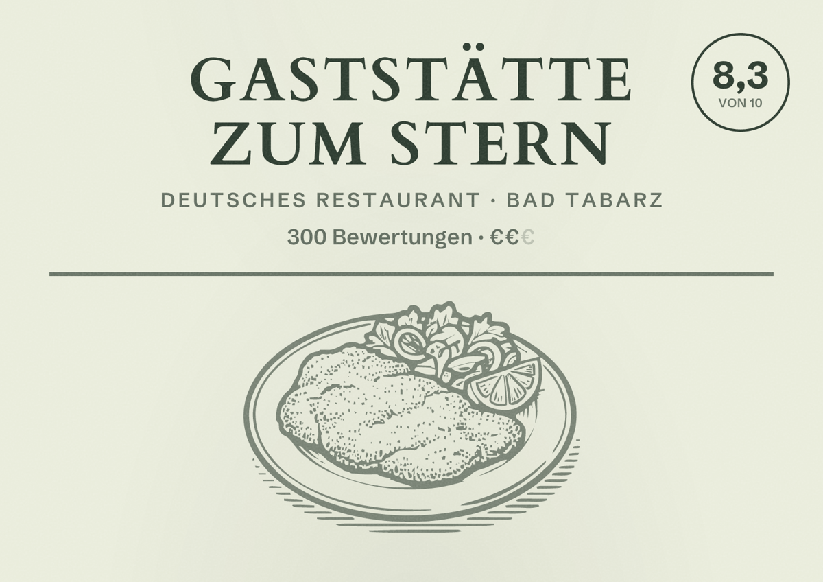 Illustriertes Poster von Gaststätte Zum Stern, Deutsches Restaurant in Bad Tabarz: Bewertung 8,3 von 10 aus 300 Bewertungen, Preisniveau €€