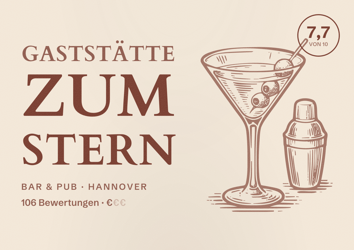 Illustriertes Poster von Gaststätte Zum Stern, Bar & Pub in Hannover: Bewertung 7,7 von 10 aus 106 Bewertungen, Preisniveau €