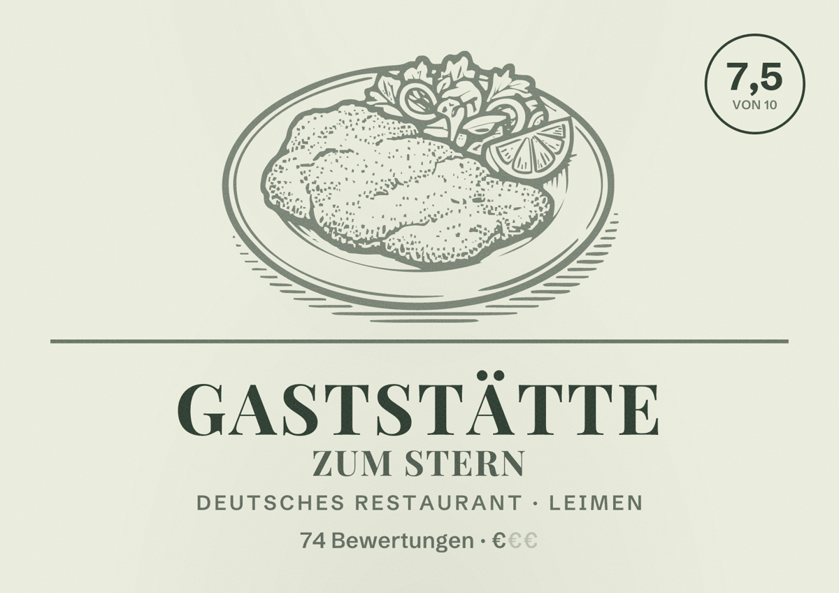 Illustriertes Poster von Gaststätte Zum Stern, Deutsches Restaurant in Leimen: Bewertung 7,5 von 10 aus 74 Bewertungen, Preisniveau €