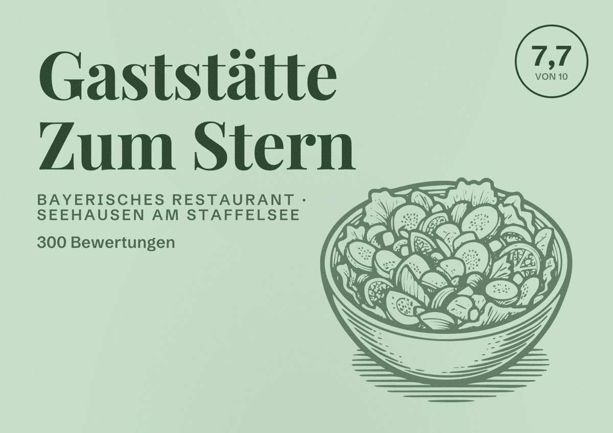 Illustriertes Poster von Gaststätte Zum Stern, Bayerisches Restaurant in Seehausen am Staffelsee: Bewertung 7,7 von 10 aus 300 Bewertungen