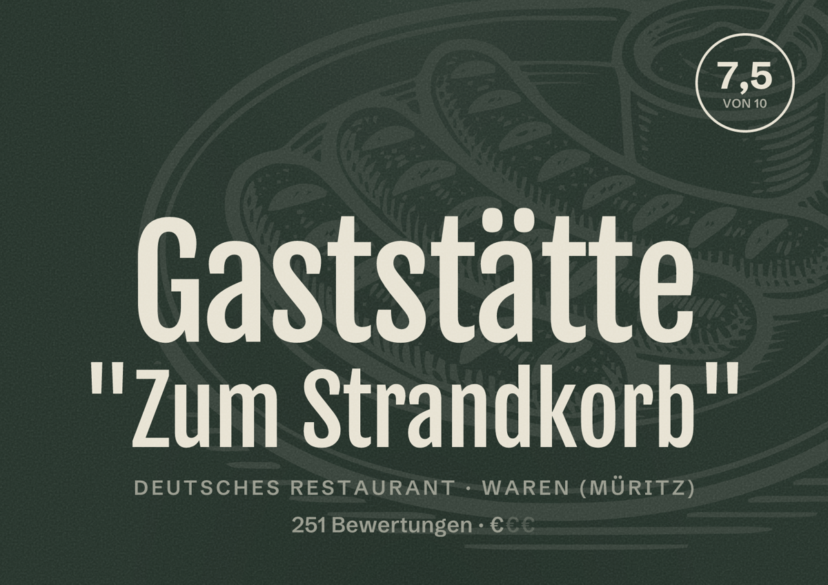 Illustriertes Poster von Gaststätte "Zum Strandkorb", Deutsches Restaurant in Waren (Müritz): Bewertung 7,5 von 10 aus 251 Bewertungen, Preisniveau €
