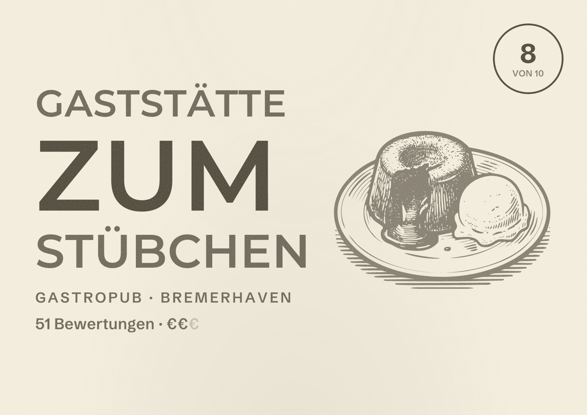 Illustriertes Poster von Gaststätte Zum Stübchen, Gastropub in Bremerhaven: Bewertung 8 von 10 aus 51 Bewertungen, Preisniveau €€