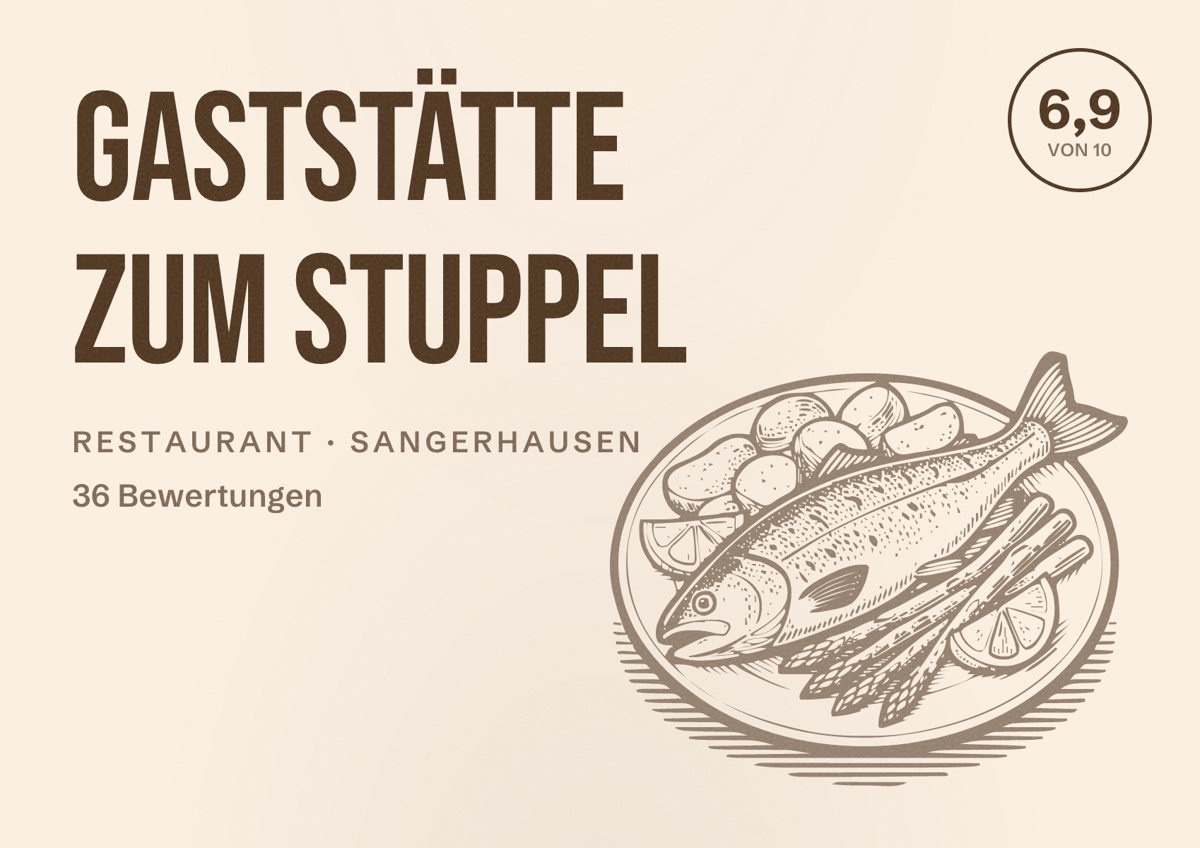 Illustriertes Poster von Gaststätte zum Stuppel, Restaurant in Sangerhausen: Bewertung 6,9 von 10 aus 36 Bewertungen