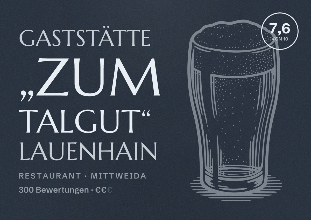 Illustriertes Poster von Gaststätte „Zum Talgut“ Lauenhain, Restaurant in Mittweida: Bewertung 7,6 von 10 aus 300 Bewertungen, Preisniveau €€