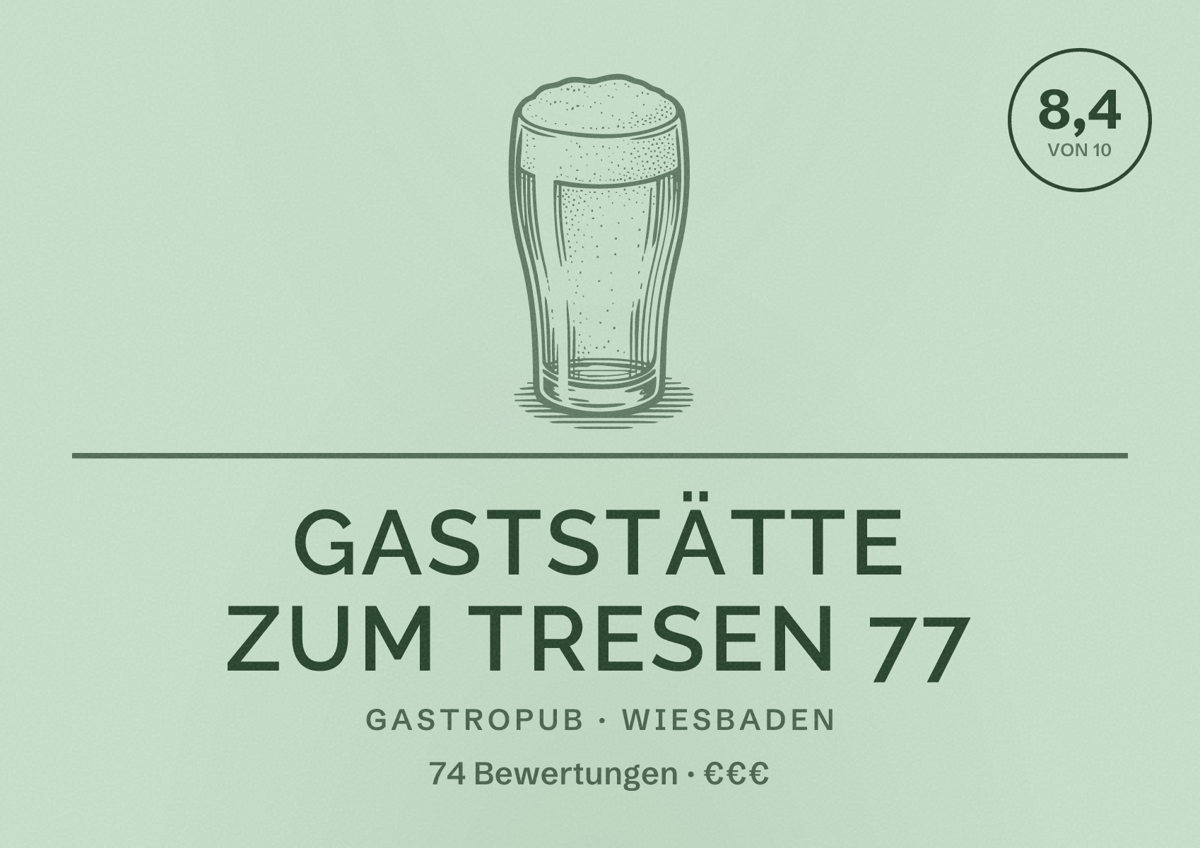 Illustriertes Poster von Gaststätte zum Tresen 77, Gastropub in Wiesbaden: Bewertung 8,4 von 10 aus 74 Bewertungen, Preisniveau €€€