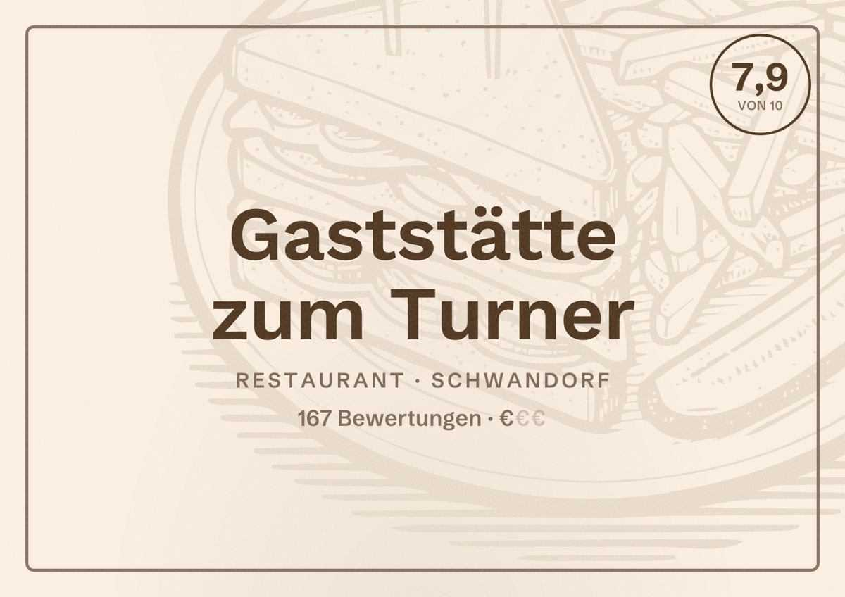 Illustriertes Poster von Gaststätte zum Turner, Restaurant in Schwandorf: Bewertung 7,9 von 10 aus 167 Bewertungen, Preisniveau €