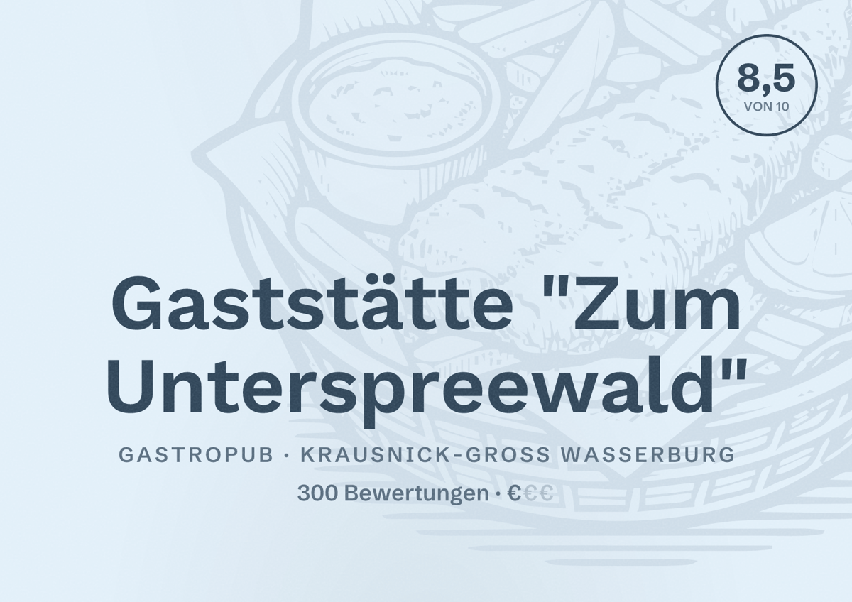 Illustriertes Poster von Gaststätte "Zum Unterspreewald", Gastropub in Krausnick-Groß Wasserburg: Bewertung 8,5 von 10 aus 300 Bewertungen, Preisniveau €