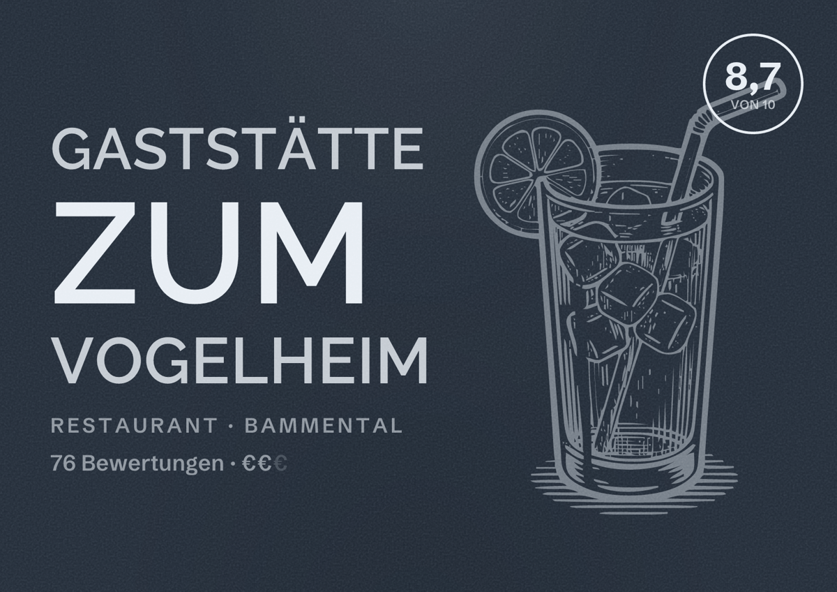 Illustriertes Poster von Gaststätte zum Vogelheim, Restaurant in Bammental: Bewertung 8,7 von 10 aus 76 Bewertungen, Preisniveau €€