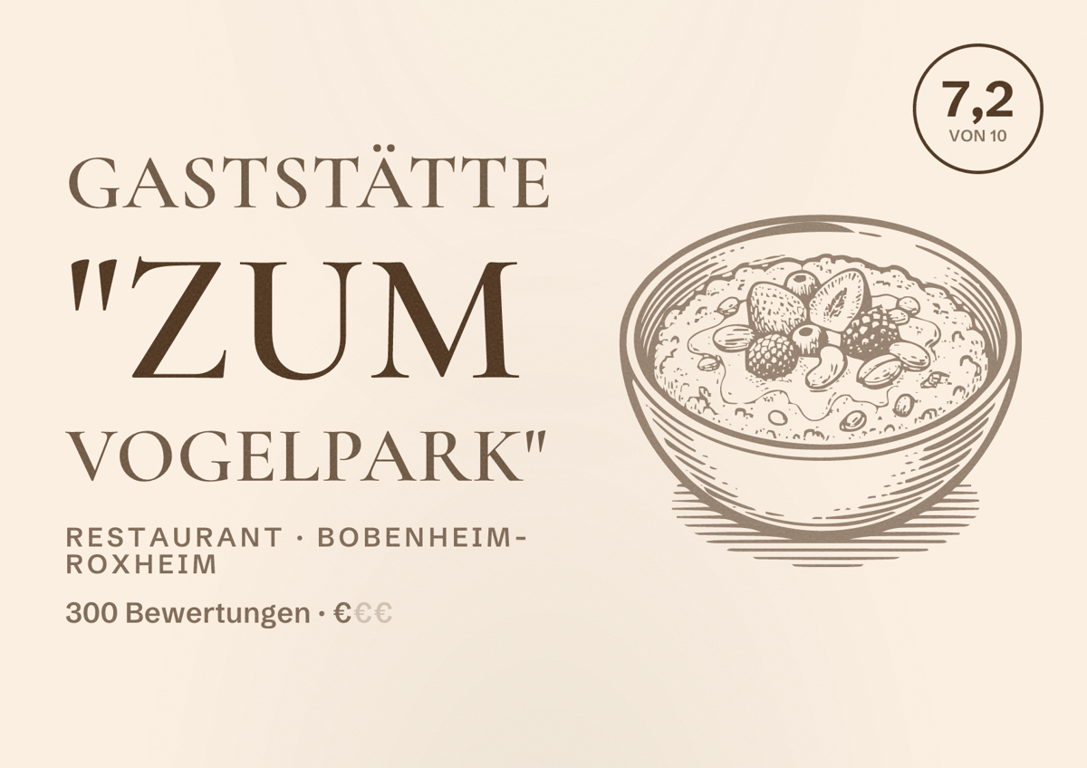 Illustriertes Poster von Gaststätte "Zum Vogelpark", Restaurant in Bobenheim-Roxheim: Bewertung 7,2 von 10 aus 300 Bewertungen, Preisniveau €