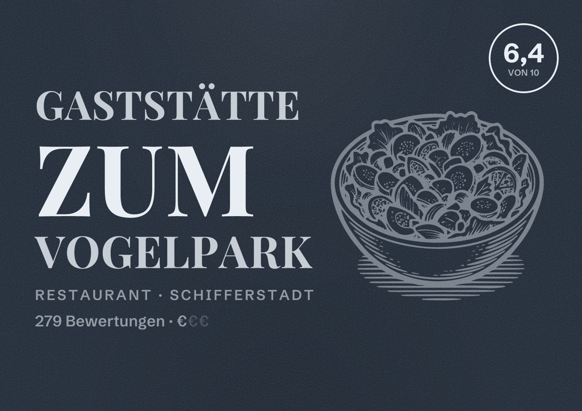 Illustriertes Poster von Gaststätte zum Vogelpark, Restaurant in Schifferstadt: Bewertung 6,4 von 10 aus 279 Bewertungen, Preisniveau €
