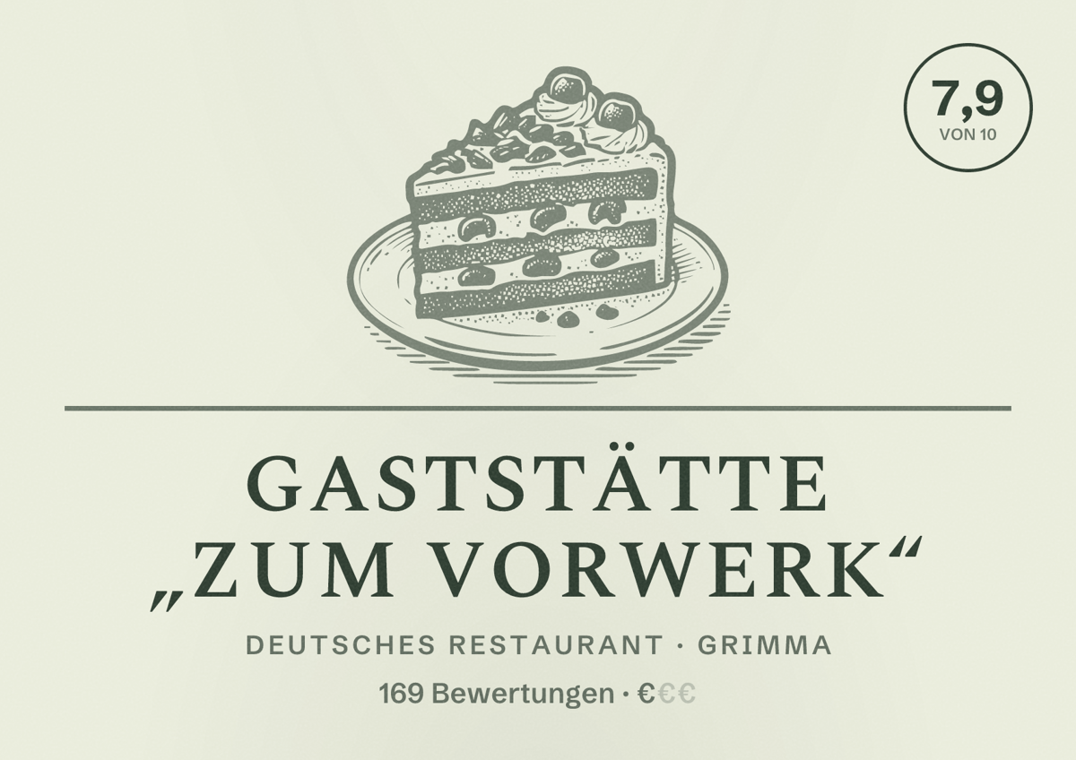 Illustriertes Poster von Gaststätte „Zum Vorwerk“, Deutsches Restaurant in Grimma: Bewertung 7,9 von 10 aus 169 Bewertungen, Preisniveau €