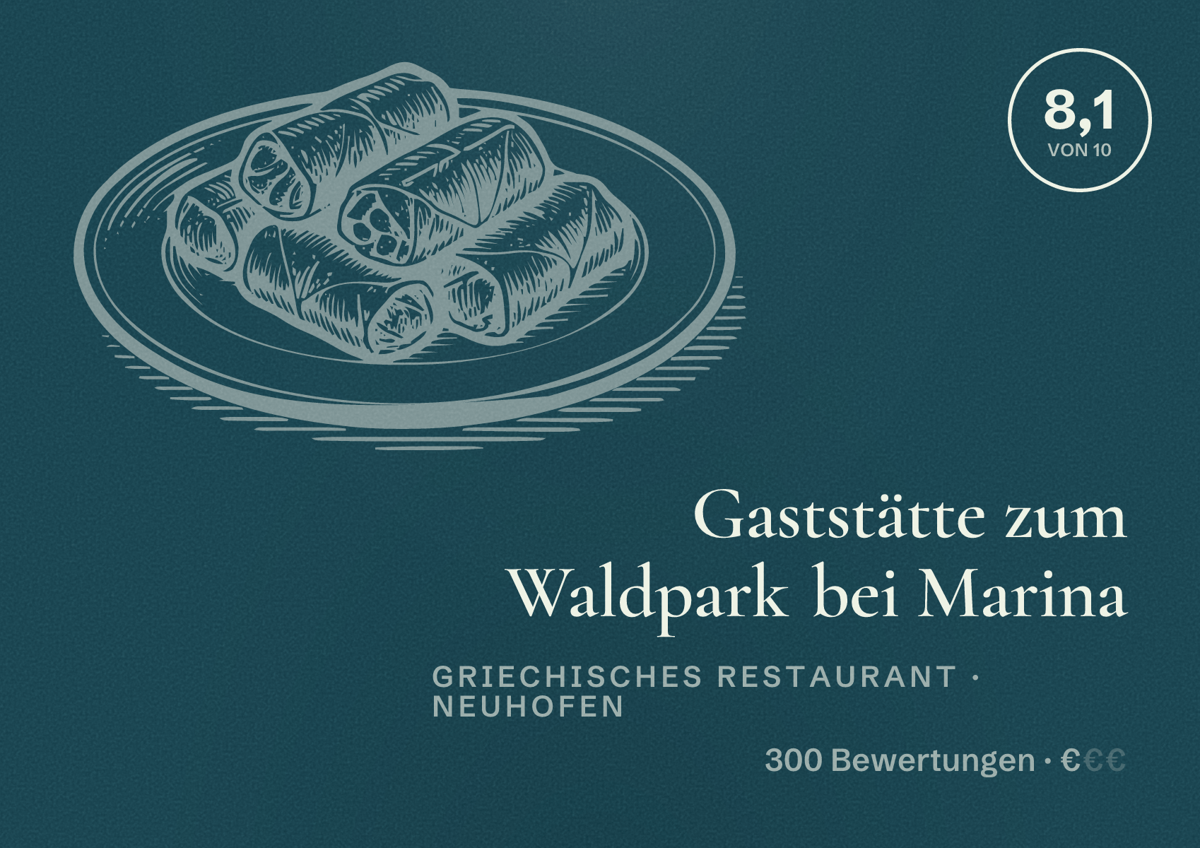 Illustriertes Poster von Gaststätte zum Waldpark bei Marina, Griechisches Restaurant in Neuhofen: Bewertung 8,1 von 10 aus 300 Bewertungen, Preisniveau €