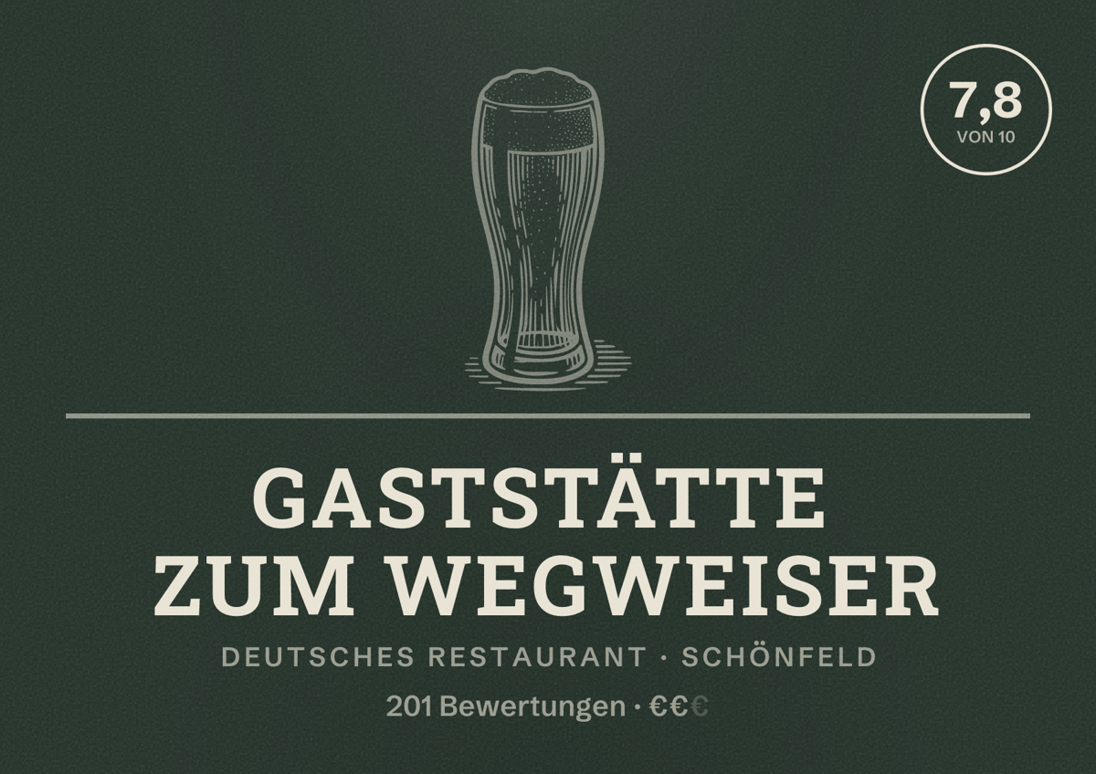 Illustriertes Poster von Gaststätte Zum Wegweiser, Deutsches Restaurant in Schönfeld: Bewertung 7,8 von 10 aus 201 Bewertungen, Preisniveau €€